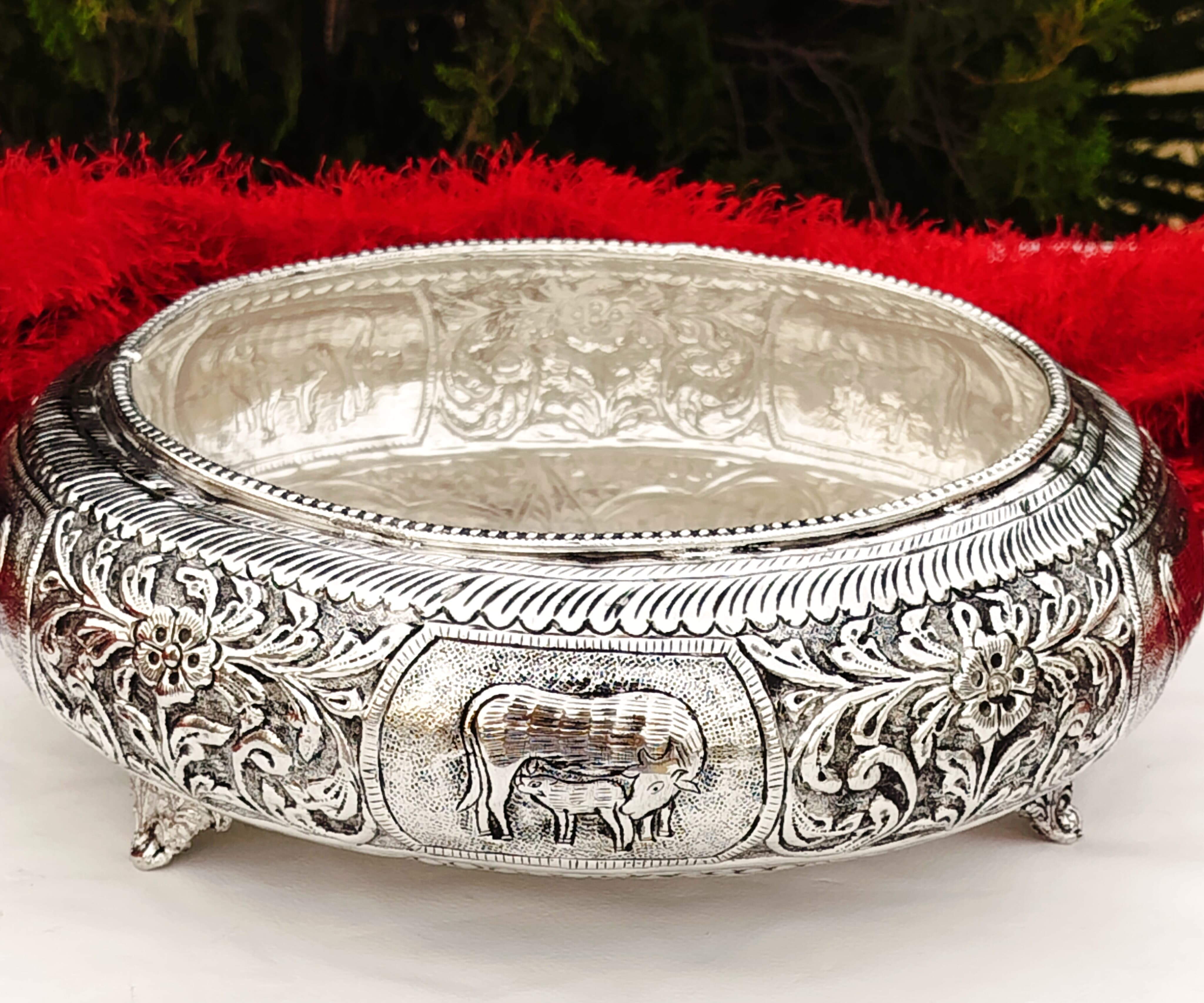 German silver cow and calf decorative bowl/urli with legs